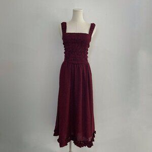 Ganni Sheer Fluid Check Midi Strap Smock Dress | Wine Red | Women’s Size Small